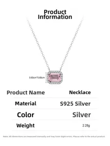 Detail view of pink square stone necklace in S925 sterling silver with size parameters