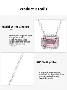 Close-up of S925 sterling silver necklace with 5A pink zircon stone and halo setting