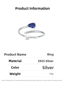 Dettaglio anello in argento S925 con zircone blu e specifiche tecniche del prodotto