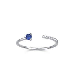 Minimalist 925 sterling silver open ring featuring a blue sapphire and white zircon gems