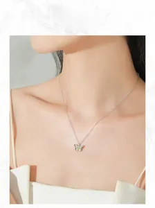 Close-up of model wearing a 925 silver necklace with a yellow butterfly enamel pendant