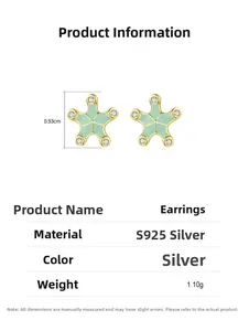 Product parameters of S925 silver starfish stud earrings with green enamel and size details