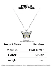 Macro view of 925 sterling silver butterfly pendant with size and chain length details