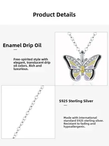 Detail of S925 sterling silver butterfly pendant with colorful enamel and zircon stones