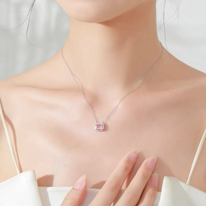 Elegant S925 sterling silver necklace with a rectangular pink emerald-cut zircon pendant