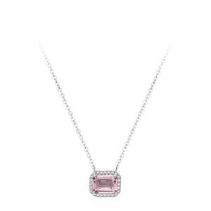 Sweet Emerald Cut Pink Zirconia Pendant Necklace 925 Sterling Silver Square Sugar Clavicle Chain Elegant Women Jewelry