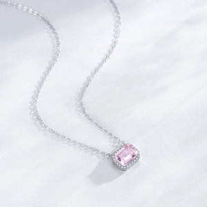 Luxurious S925 silver necklace featuring an emerald-cut pink zircon and pavé setting