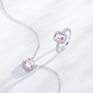 S925 sterling silver necklace and ring set with emerald cut pink crystal and halo diamonds