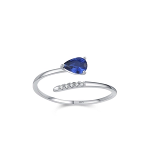 Anello aperto in argento S925 con zircone blu a goccia e raffinato design a serpente