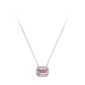 Elegant S925 silver necklace with pink emerald-cut gemstone and zircon halo setting