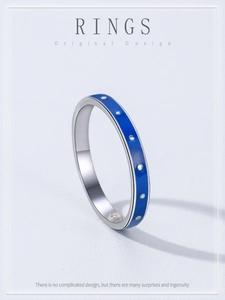 Detail of S925 sterling silver ring featuring blue enamel and silver dot patterns