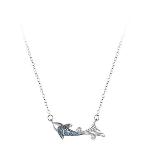 925 Sterling Silver Lucky Koi Fish Pendant Necklace For Women Retro Blue Enamel Zirconia Chinese Style Clavicle Chain Jewelry