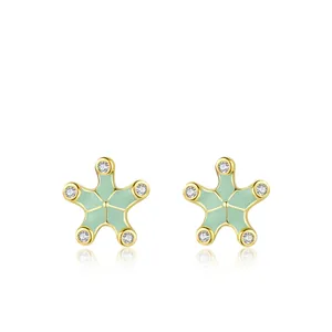 925 Sterling Silver Cute Mint Green Sea Star Stud Earrings For Women Gold Plated Enamel Starfish Rhinestone Jewelry Gift