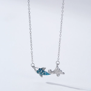 Vintage 925 sterling silver koi fish necklace with blue enamel and sparkling zircon stones