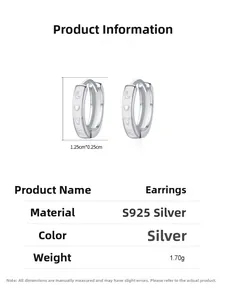 Detailed size chart and specifications for S925 silver LOVE hoop earrings with dimensions