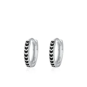 925 Sterling Silver Black Enamel Arrow Hoop Earrings For Women Minimalist Geometric V Pattern Retro Small Hoop Earrings Jewelry
