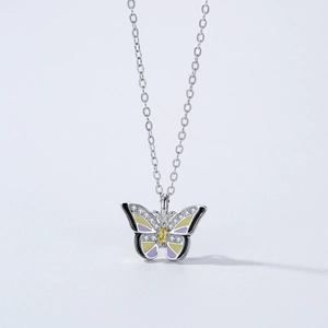 925 silver butterfly pendant necklace with purple enamel wings and yellow gemstones