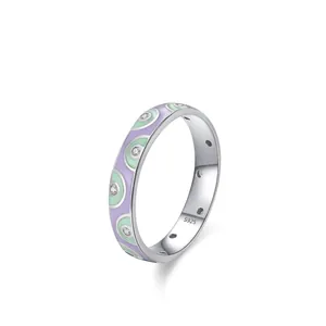 925 Sterling Silver Enamel Ring For Women Purple Green Geometric Rhinestone Inlaid Bohemian Style Fashion Jewelry Ring