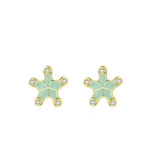 Pair of 925 silver gold starfish earrings with green enamel and clear crystal accents
