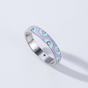 925 silver ring with purple and mint green enamel design and sparkling cubic zirconia stones