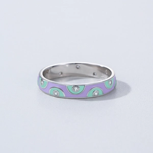 925 silver ring with purple mint enamel patterns and sparkling zircon stones