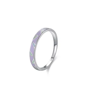 Fresh 925 Sterling Silver Purple Enamel Band Ring For Women Sweet Contrast Color Geometric Pattern Minimalist Fashion Jewelry Gift
