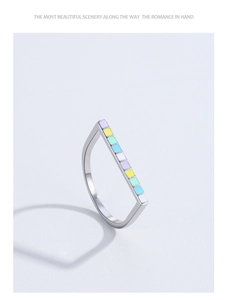 Close-up of S925 sterling silver U-shaped ring with colorful enamel rectangular inlay
