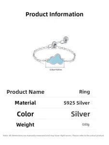 Detail view of S925 sterling silver chain ring with blue cloud charm and dimensions