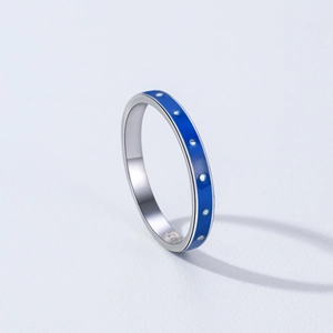 Minimalist S925 sterling silver ring with blue enamel and silver polka dot pattern