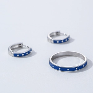 Elegant S925 sterling silver jewelry set with blue enamel polka dot ring and earrings