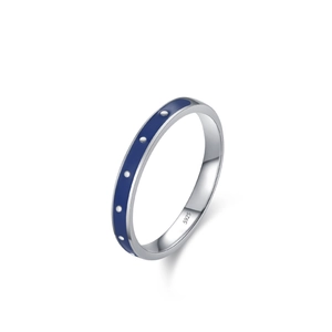 Minimalist S925 sterling silver ring with blue enamel and white polka dot design
