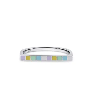 S925 Sterling Silver Rainbow Enamel U-Shaped Ring For Women Geometric Multicolor Mosaic Style Fashion Jewelry Finger Ring