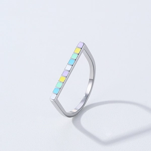 S925 sterling silver U-shaped ring with rainbow enamel squares and minimalist design