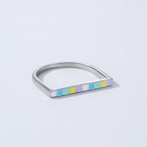 Minimalist S925 sterling silver U-shaped ring with colorful rainbow enamel inlay squares