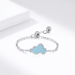 925 Sterling Silver Cute Blue Enamel Cloud Adjustable Chain Ring For Women Fresh Sweet Minimalist Jewelry Gift