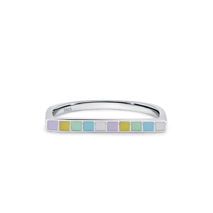 Minimalist S925 sterling silver U-shaped ring with colorful rainbow enamel inlay squares