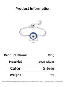 Detail view of 925 sterling silver evil eye chain ring showing 0.60cm diameter size