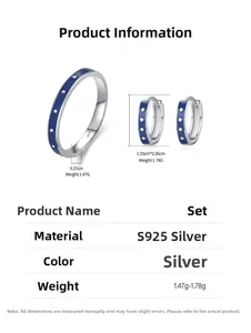 Detail view of S925 silver ring and earrings set with blue enamel and product dimensions