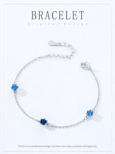 Detailed macro view of S925 silver bracelet featuring three round blue crystals and tag