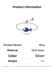 Detail of S925 sterling silver chain ring with blue enamel fish and hallmark