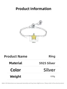 Detail specifications of S925 silver star ring showing dimensions and material weight