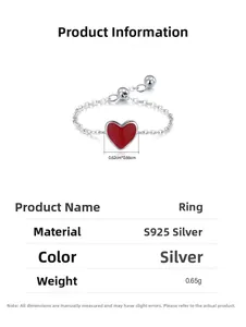 Details des S925 Silber Rings mit rotem Herz, 0,65g Gewicht und Kettenabmessungen