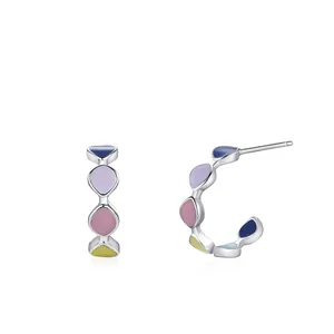 925 Sterling Silver Candy Color Dopamine C-Shaped Hoop Earrings Multicolored Drip Enamel Small Hoops Elegant Jewelry For Women