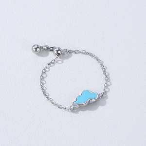 Adjustable S925 sterling silver chain ring featuring a cute light blue cloud charm