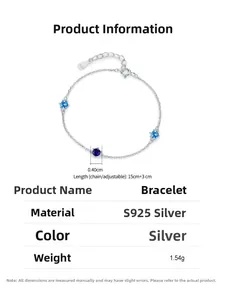 Macro detail of S925 silver bracelet featuring blue sapphire-colored gemstones and dimensions