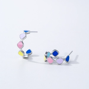 C-shaped 925 sterling silver stud earrings with colorful multi-color enamel water drops