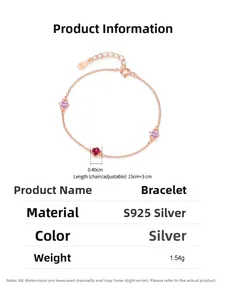 Detail of S925 silver rose gold bracelet with pink and red zircon stones and size info