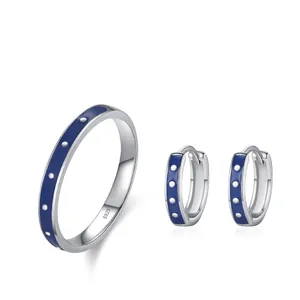 S925 Sterling Silver Blue Enamel Jewelry Set For Women Vintage Polka Dot Ring Hoop Earrings Anniversary Party Jewelry Gift