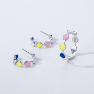 Colorful enamel S925 sterling silver jewelry set with C-shaped earrings and an open ring