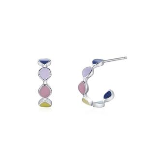 925 silver hoop earrings with colorful blue pink and yellow enamel petals on white background